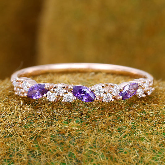 Marquise Amethyst Wedding Band Anniversary Ring with Petite Moissanite Accents