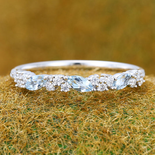 Marquise Aquamarine Wedding Band with Petite Moissanite Accents