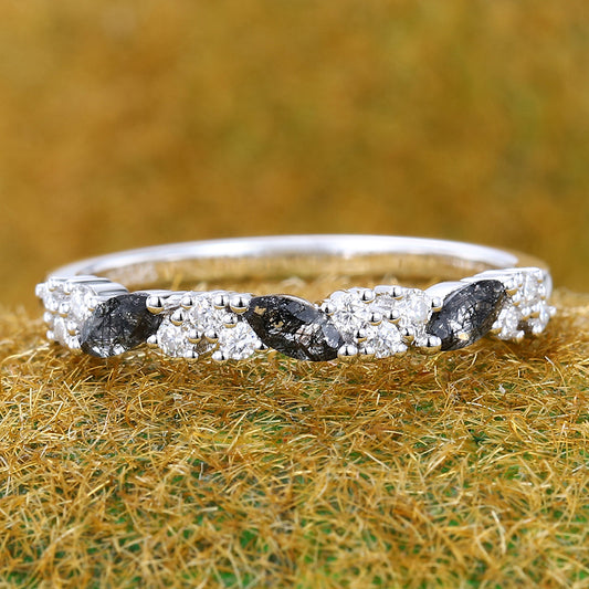 Marquise Black Rutilated Quartz & Round Moissanite Wedding Band Anniversary Ring