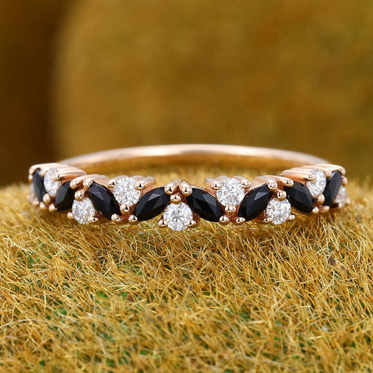 Alternating Marquise Black Onyx & Round Moissanite Wedding Band Anniversary Ring