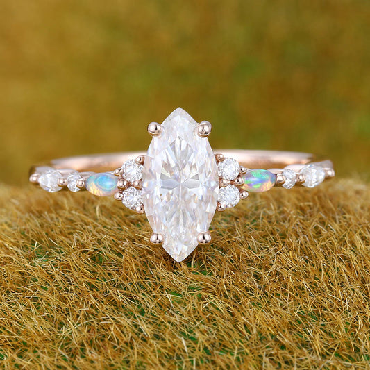 1CT Marquise Cut Moissanite Engagement Ring with Opal & Moissanite Cluster Accents