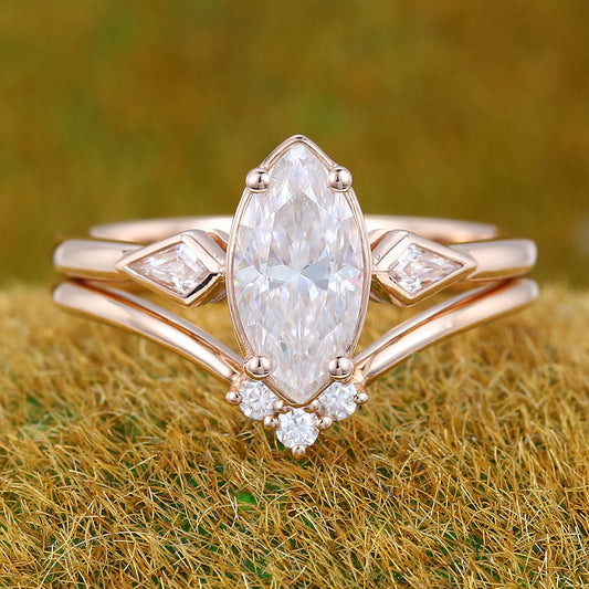 1CT Marquise Cut Moissanite Engagement Ring Set with Kite & Round Accents