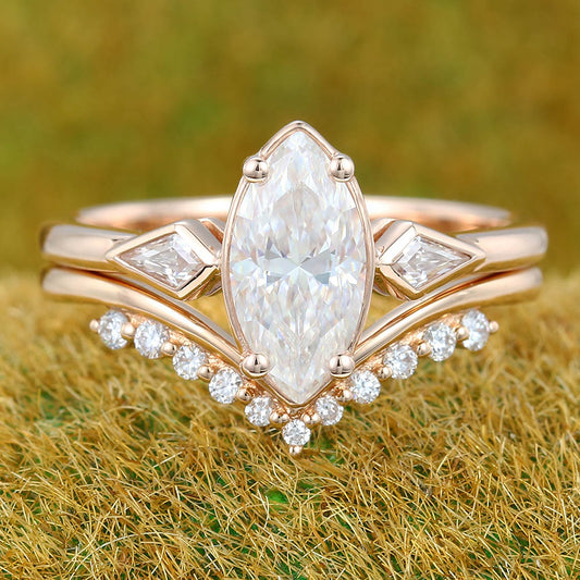 1CT Marquise Cut Moissanite Engagement Ring Set with Petite Round Moissanite Accent Bridal Band