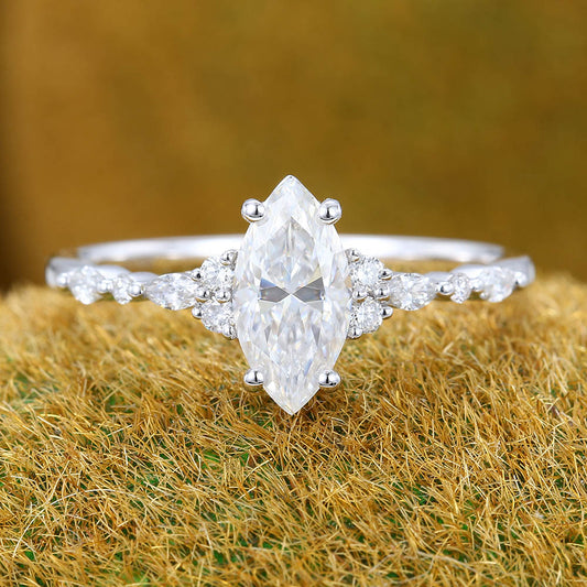 1CT Marquise Cut Moissanite Engagement Ring with Cluster Accent