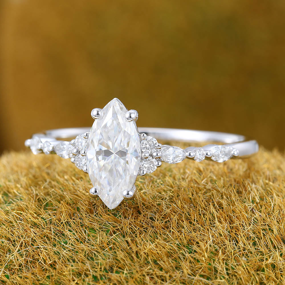 1CT Marquise Cut Moissanite Engagement Ring with Cluster Accent