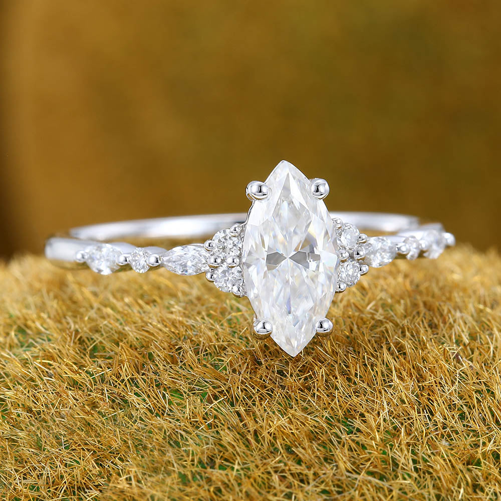 1CT Marquise Cut Moissanite Engagement Ring with Cluster Accent