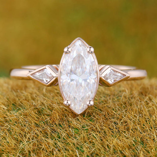 1CT Marquise Cut Moissanite Engagement Ring with Two Bezel Kite Accents