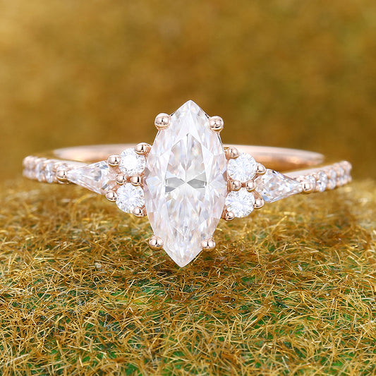 Marquise Cut Moissanite Engagement Ring Art Deco Cluster Accent