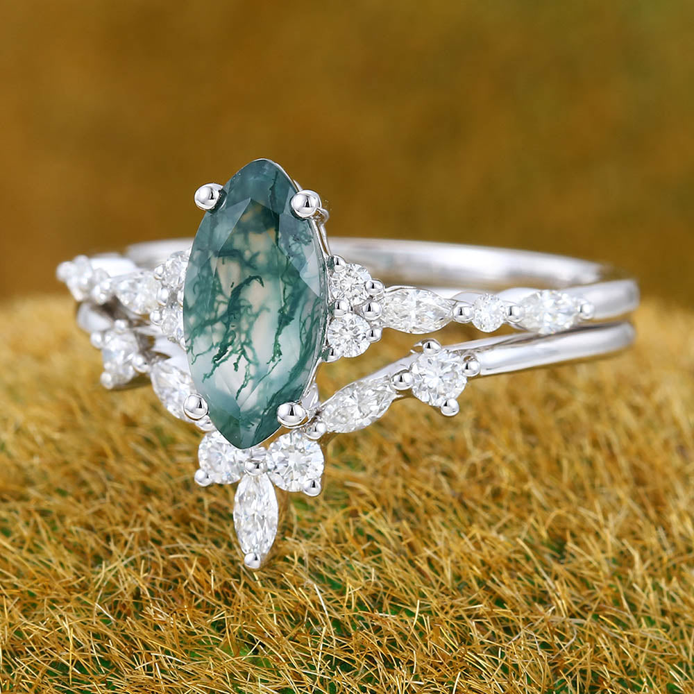 1CT Marquise Cut Moss Agate Engagement Ring Set with Moissanite Cluster Accents