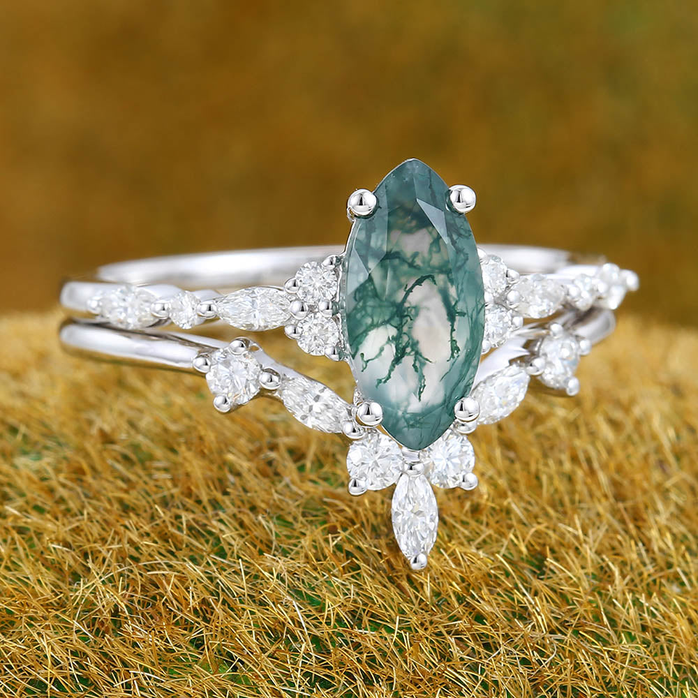 1CT Marquise Cut Moss Agate Engagement Ring Set with Moissanite Cluster Accents