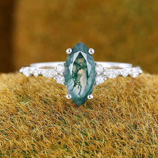 1CT Marquise Cut Moss Agate Engagement Ring with Moissanite Cluster Accents