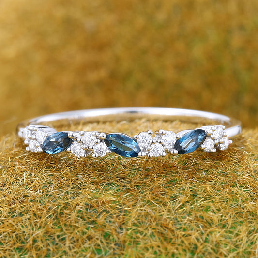 Marquise London Blue Topaz & Round Moissanite Wedding Band Anniversary Ring