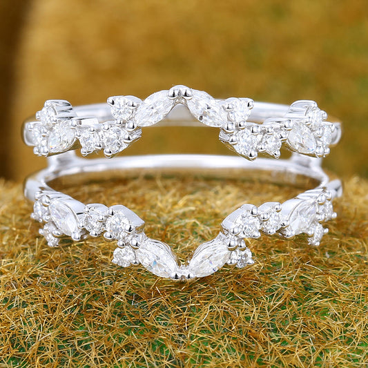Unique Moissanite Cluster Wedding Band Double Curved Enhancer Ring