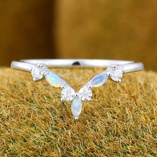 Marquise Moissanite Curved wedding band Vintage Unique white gold art deco wedding band Opal ring Bridal Matching Stacking band Promise ring
