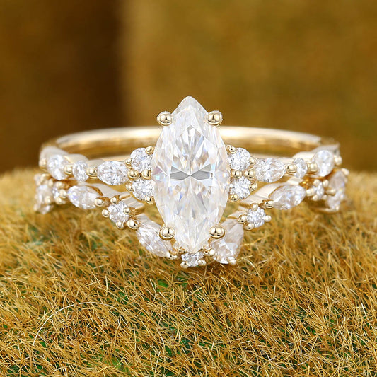 Marquise Moissanite engagement ring set Unique yellow gold engagement ring Vintage Diamond curved ring Art deco Bridal set Wedding Promise ring