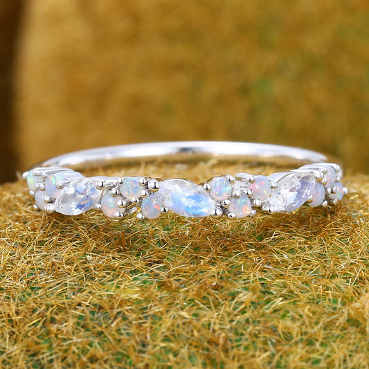 Half Eternity Marquise Moonstone Wedding Band with Petite Opal Accents
