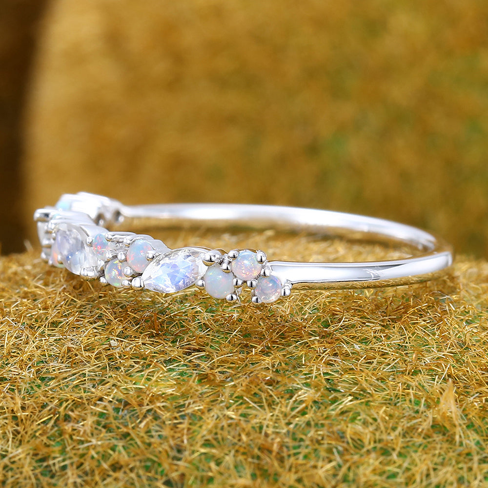 Half Eternity Marquise Moonstone Wedding Band with Petite Opal Accents
