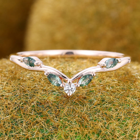 Marquise Moss Agate And Round Moissanite Curved Wedding Band Bridal Stacking Ring