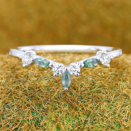 Delicate Marquise Moss Agate Curved Wedding Band