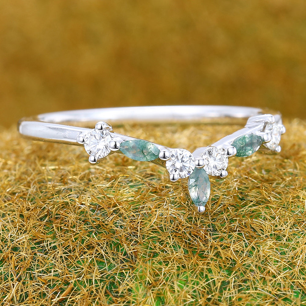 Delicate Marquise Moss Agate Curved Wedding Band