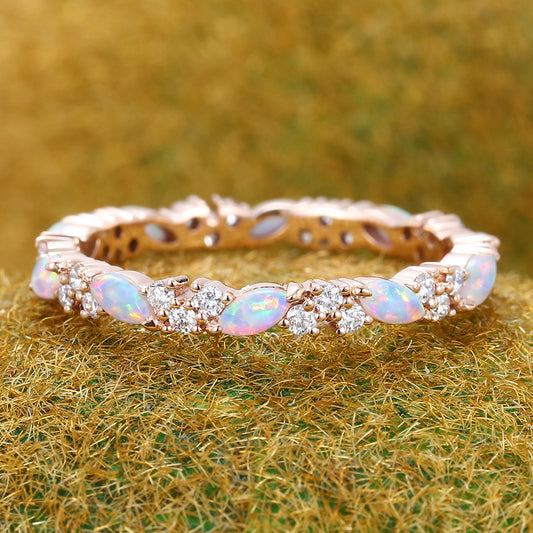 Marquise Opal & Round Moissanite Wedding Band Eternity Ring