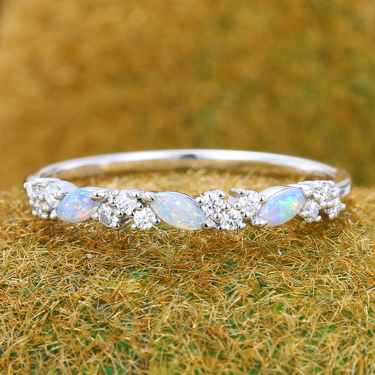 Marquise Opal & Round Moissanite Wedding Band Anniversary Stackable Ring