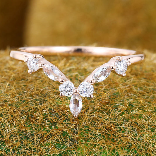 Marquise White Sapphire & Round Moissanite Curved Wedding Band