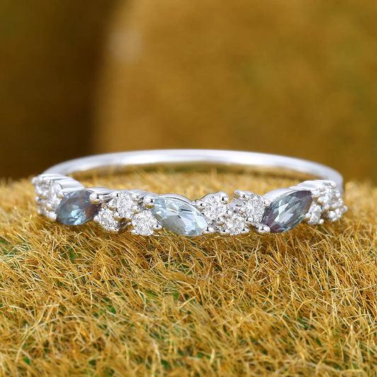 Marquise Aquamarine & Alexandrite Wedding Band with Petite Moissanite Accents