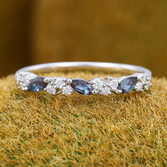Marquise Alexandrite & Round Moissanite Wedding Band Anniversary Ring