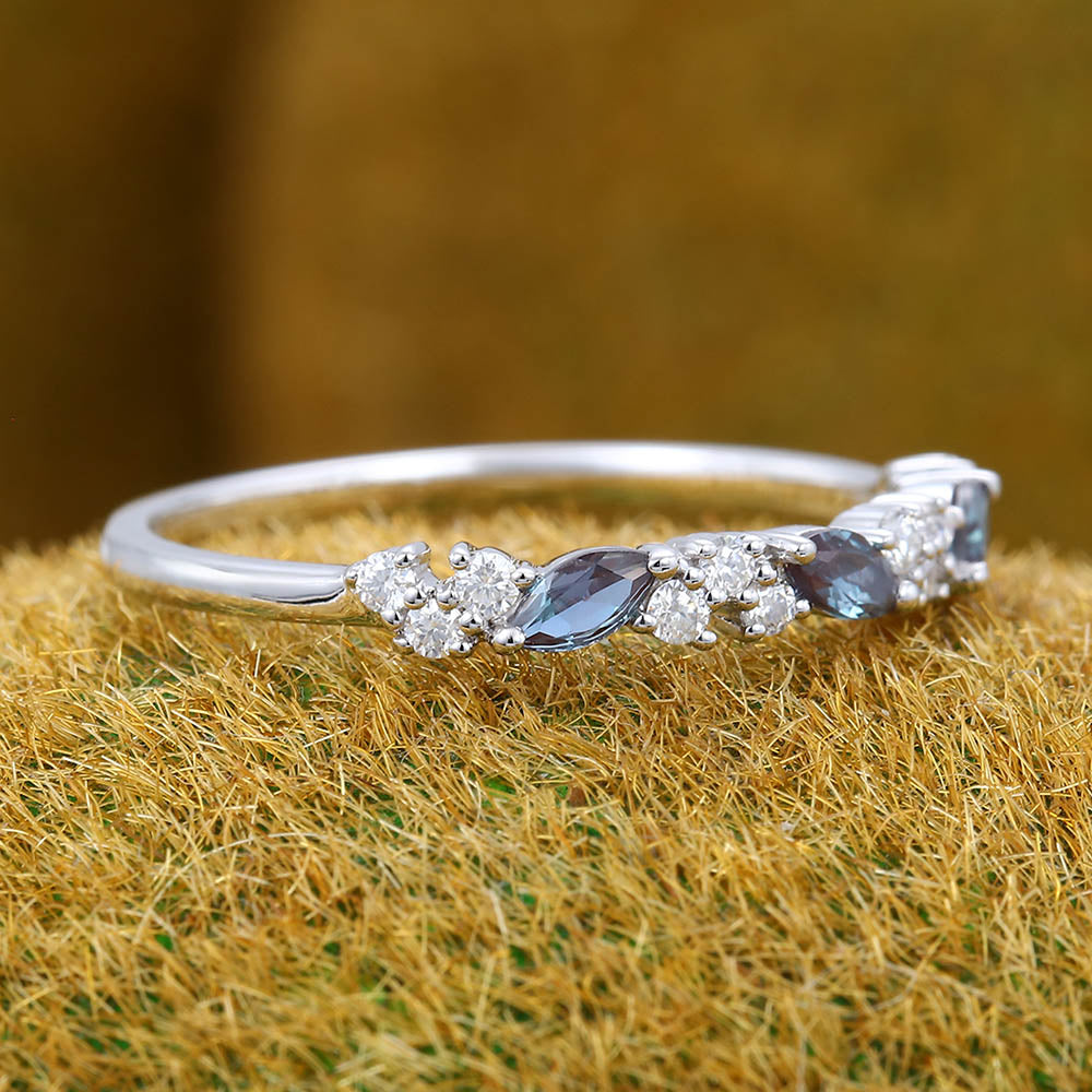 Marquise Alexandrite & Round Moissanite Wedding Band Anniversary Ring