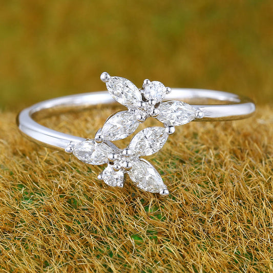 Floral Cluster Marquise & Round Cut Diamond Engagement Ring with Bypass Shank Design