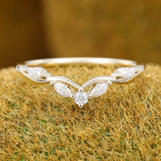 Filigree Marquise & Round Moissanite Curved Wedding Band Bridal Stacking Ring