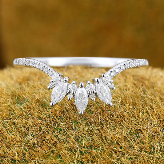 Pavé & Cluster Petite Moissanite Curved Wedding Band Bridal Stacking Ring