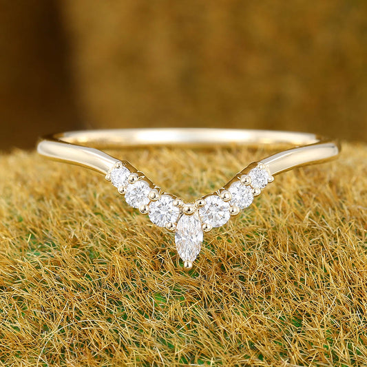 Marquise & Round Moissanite Curved Wedding Band Bridal Stacking Ring
