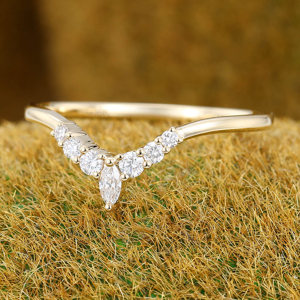 Marquise & Round Moissanite Curved Wedding Band Bridal Stacking Ring