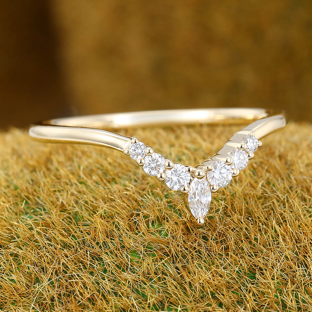 Marquise & Round Moissanite Curved Wedding Band Bridal Stacking Ring