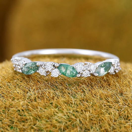 Marquise Moss Agate & Round Moissanite Cluster Wedding Band Stacking Anniversary Ring