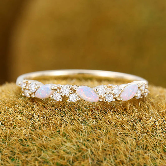 Marquise Opal & Round Moissanite Cluster Wedding Band Stacking Anniversary Ring