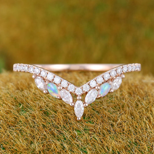 Pavé Petite Round Moissanite Wedding Band with Marquise Opal & Moissanite Cluster