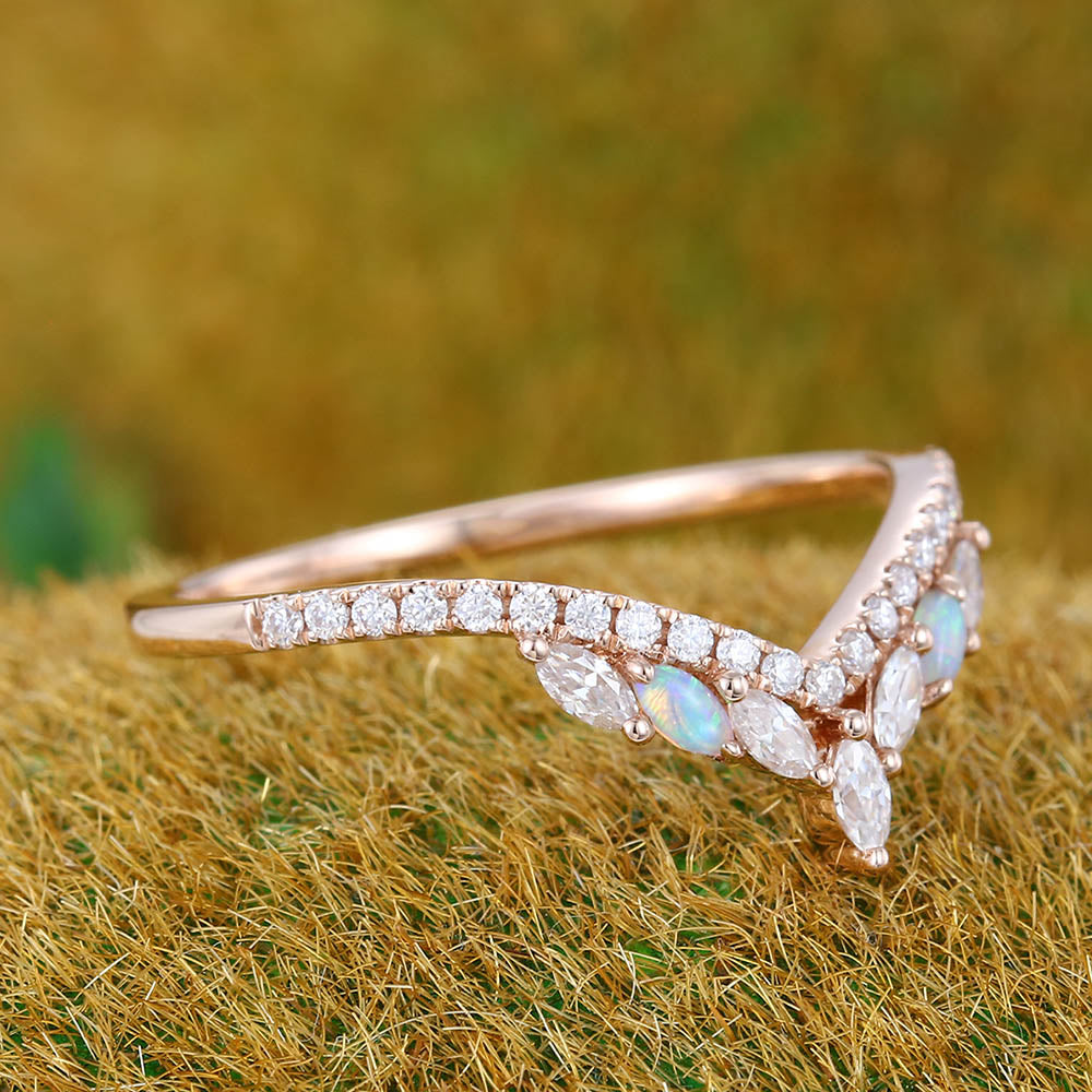 Pavé Petite Round Moissanite Wedding Band with Marquise Opal & Moissanite Cluster
