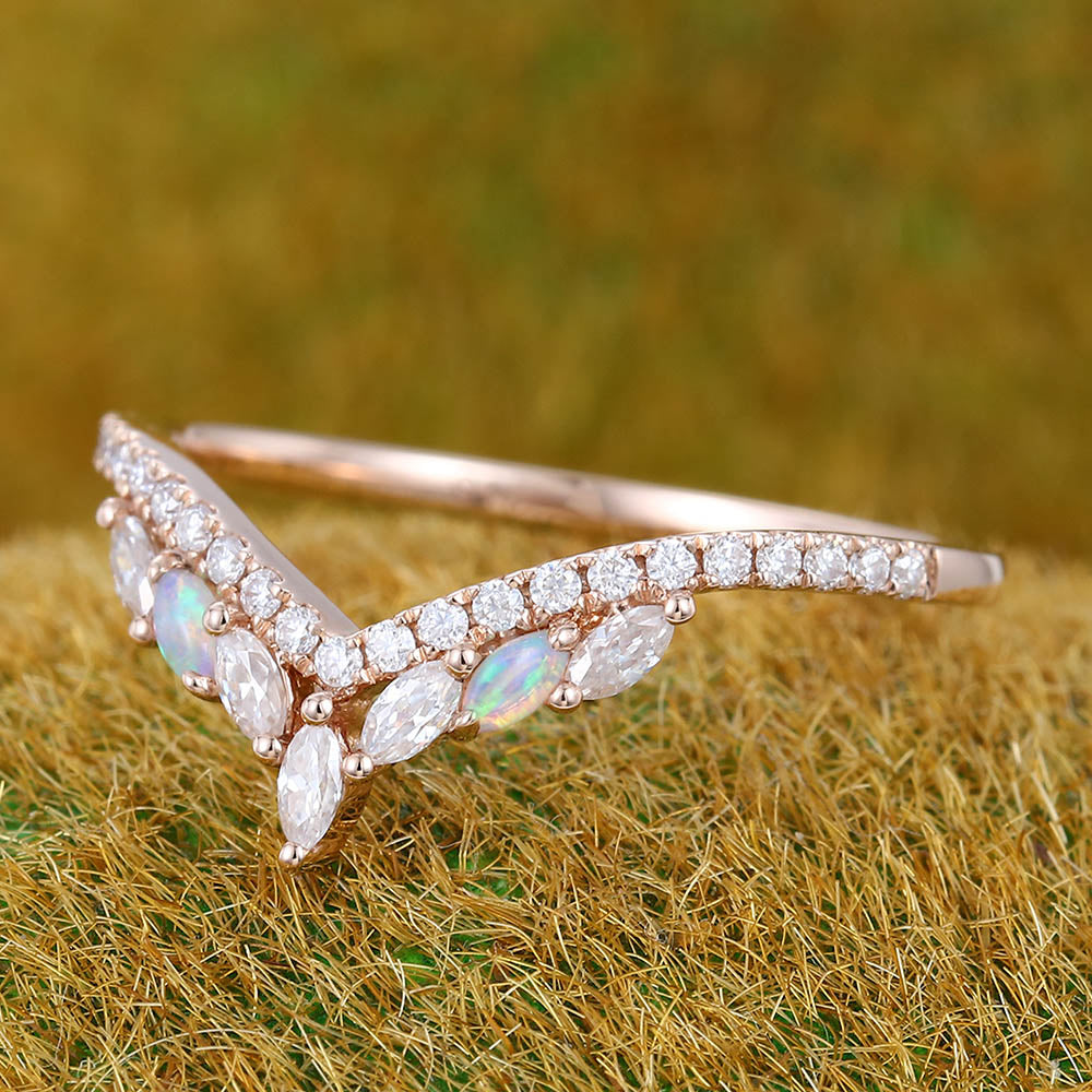 Pavé Petite Round Moissanite Wedding Band with Marquise Opal & Moissanite Cluster