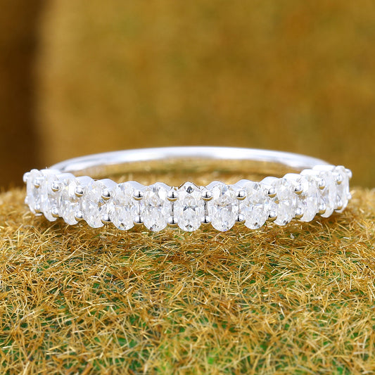 Petite Oval Moissanite Wedding Band Half Eternity Stackable Ring