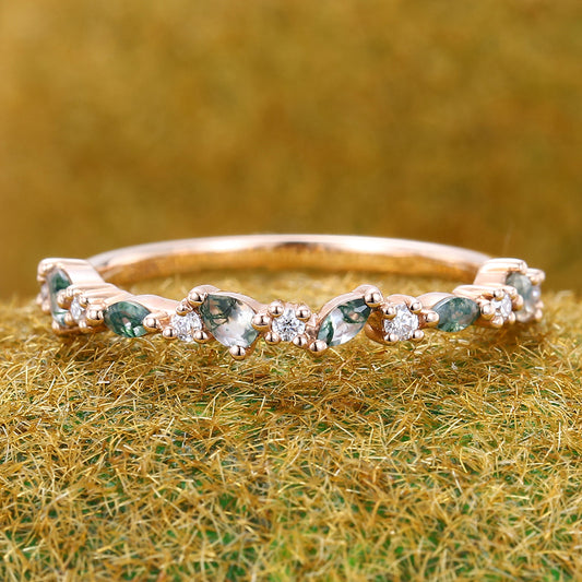 Moss Agate Wedding Band Half Eternity Matching Ring