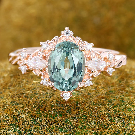Oval Cut Green Sapphire Engagement Ring Nature Inspired Moissanite Cluster