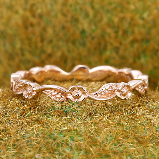 Nature Inspired Solid Wedding Band Leaf & Flower Ring