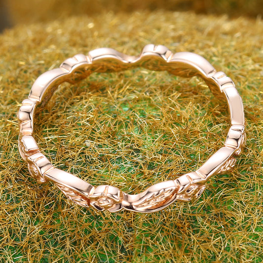 Nature Inspired Solid Wedding Band Leaf & Flower Ring