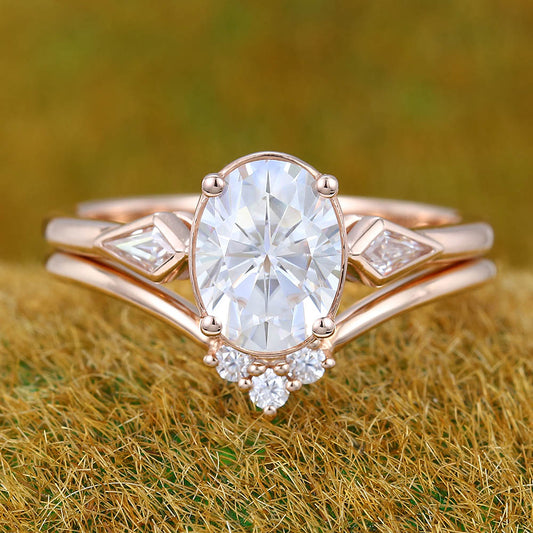 1.3CT Oval Cut Moissanite Engagement Ring Set with Petite Kite & Round Accents