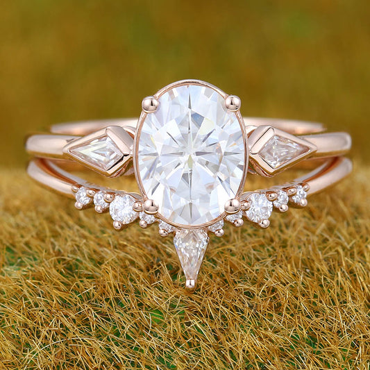 1.3CT Oval Cut Moissanite Engagement Ring Set with Petite Moissanite Accents