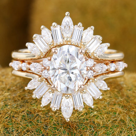 Oval Cut Moissanite Engagement Ring Set Art Deco 3PCS Bridal Ring Set