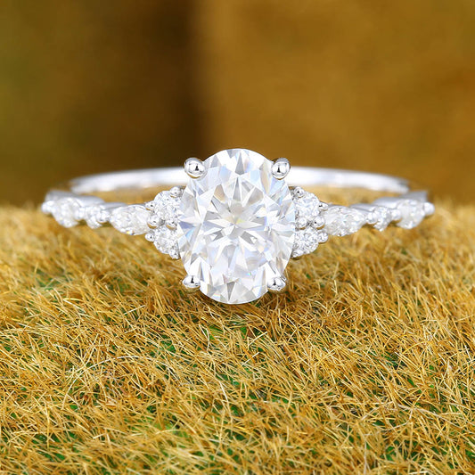 1.3CT Oval Cut Moissanite Engagement Ring with Cluster Accents